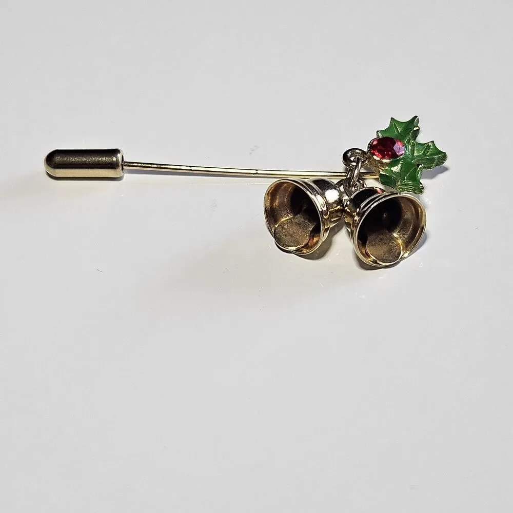 Vintage Christmas Stick Pin Red Rhinestone Green Holly Leaves Gold Tone Bells
